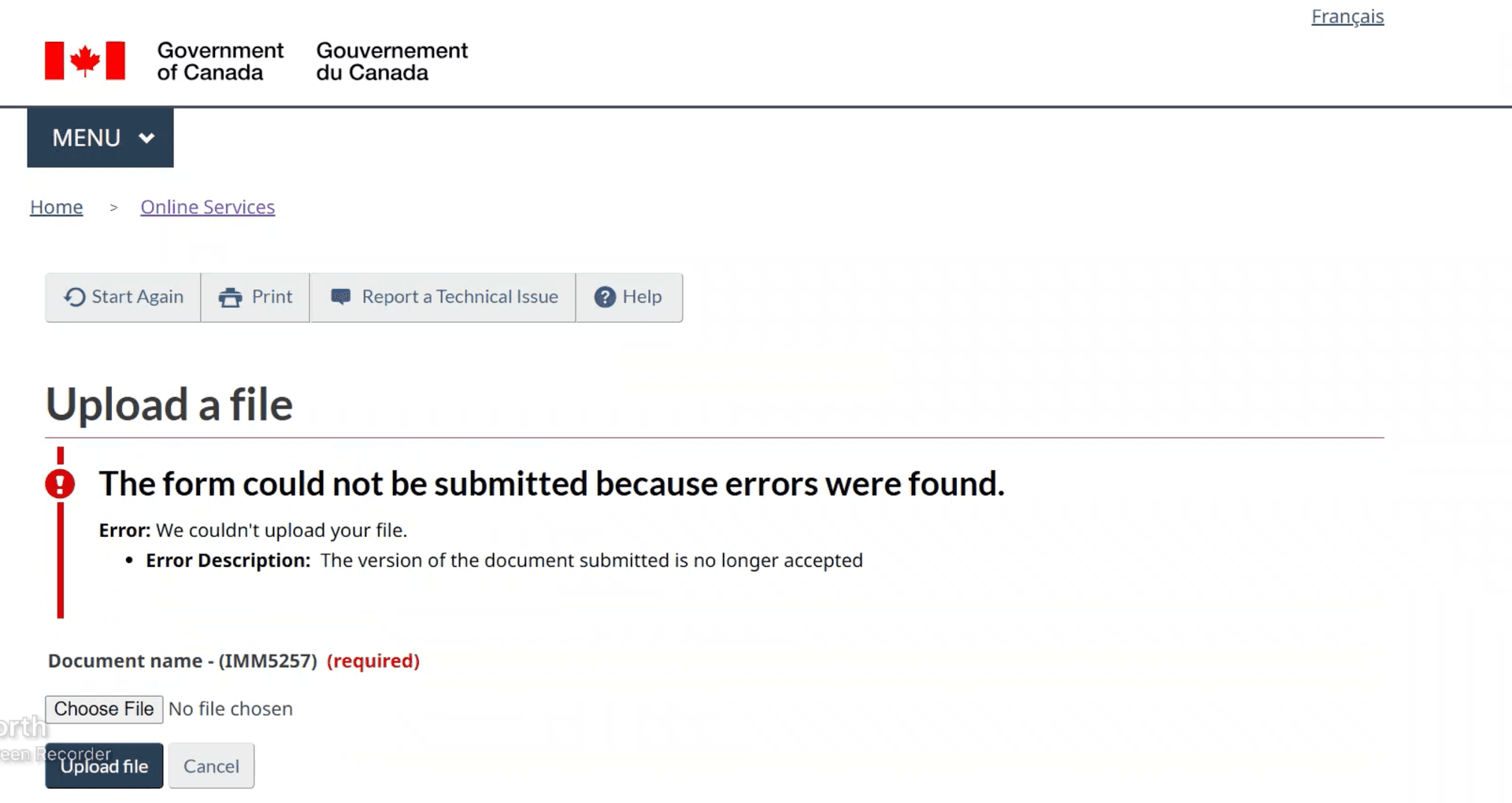 IRCC portal error: The version of the document submitted is no longer accepted